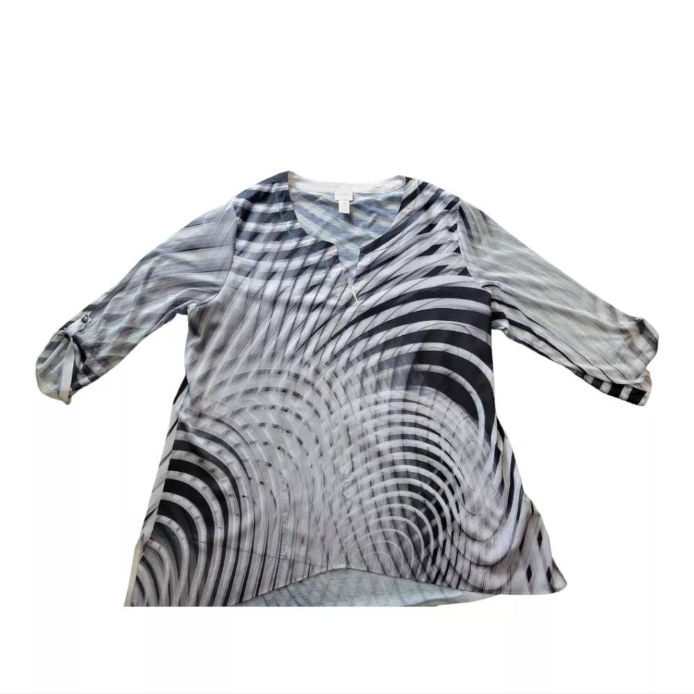 Chico's Black White Striped 3/4 Sleeve V-Neck Tunic Top Women's Size 3 size‎ XL